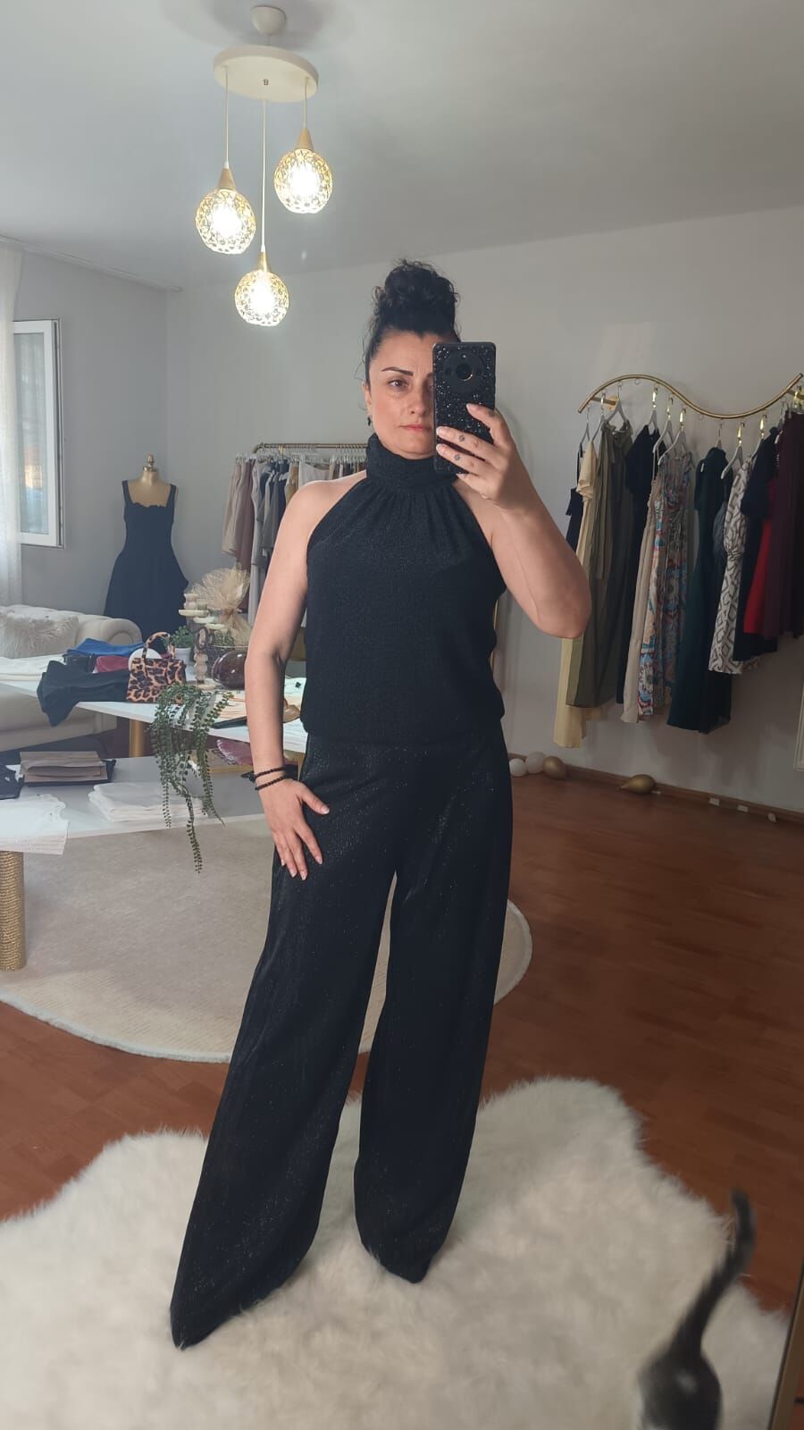 Yüksek Bel Işıltılı Siyah Pantolon