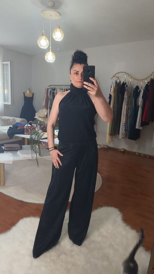 Yüksek Bel Işıltılı Siyah Pantolon