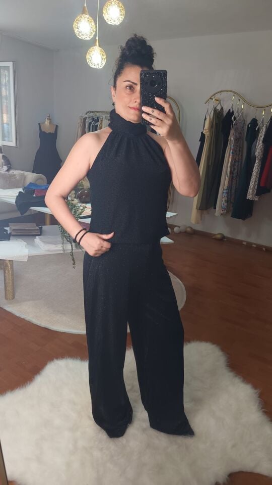 Yüksek Bel Işıltılı Siyah Pantolon