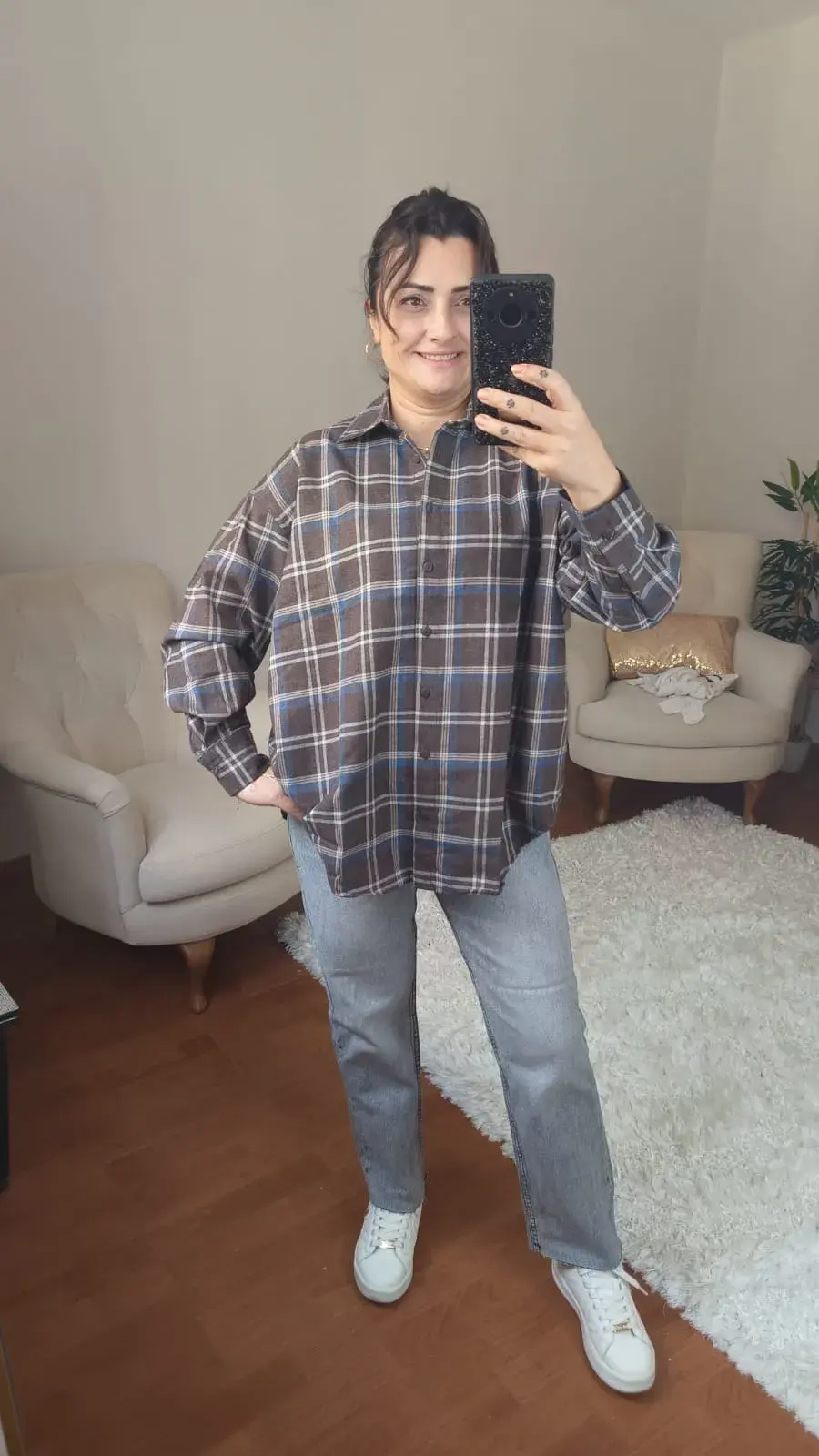 Kalın Dokuma Oversize Ekoseli Gömlek (Kahverengi & Mavi)