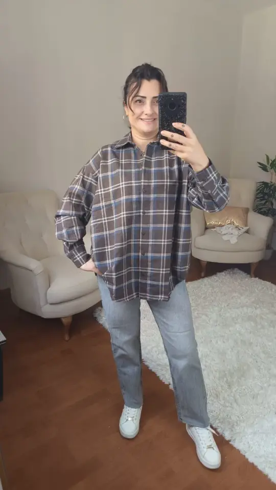 Kalın Dokuma Oversize Ekoseli Gömlek (Kahverengi & Mavi)