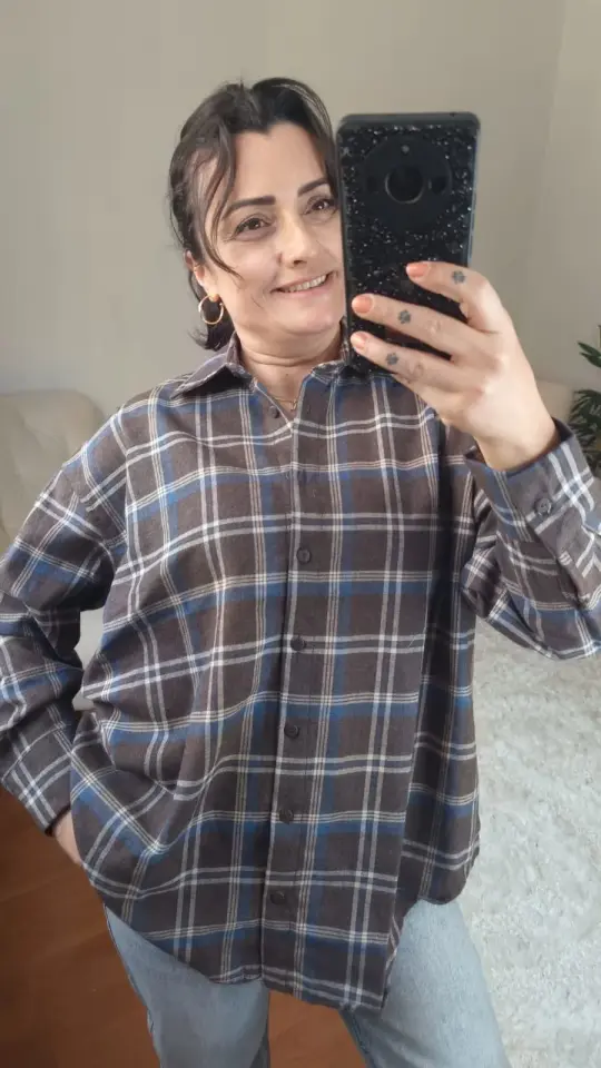 Kalın Dokuma Oversize Ekoseli Gömlek (Kahverengi & Mavi)