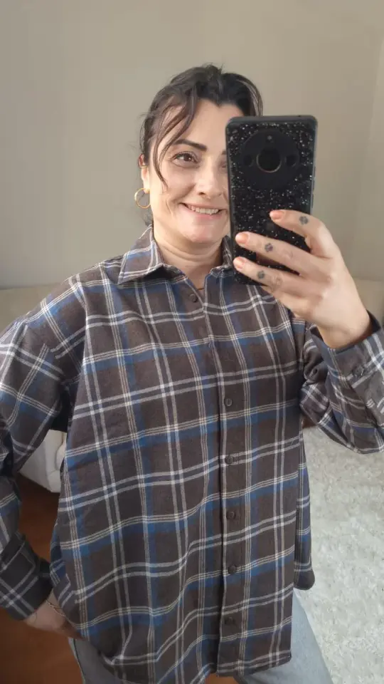 Kalın Dokuma Oversize Ekoseli Gömlek (Kahverengi & Mavi)