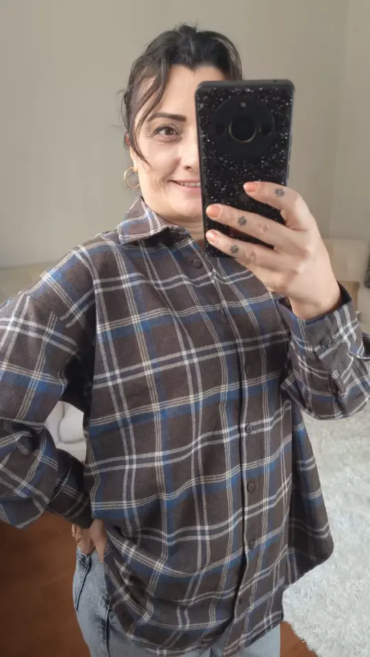 Kalın Dokuma Oversize Ekoseli Gömlek (Kahverengi & Mavi)