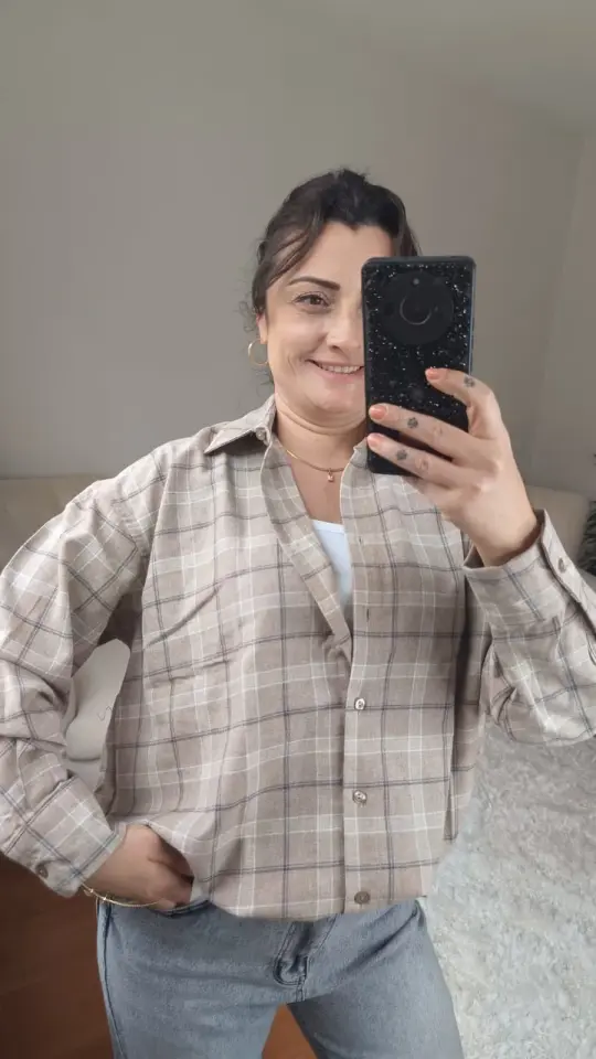 Kalın Dokuma Oversize Ekoseli Gömlek (Krem Rengi)