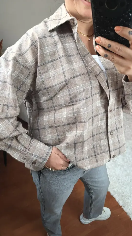 Kalın Dokuma Oversize Ekoseli Gömlek (Krem Rengi)