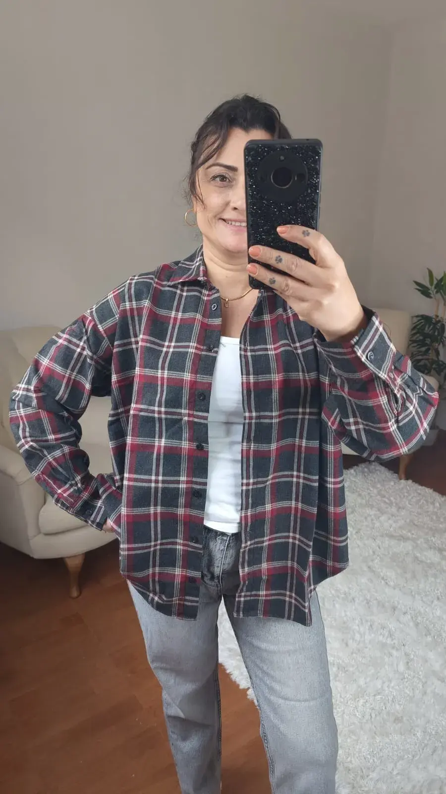 Kalın Dokuma Oversize Ekoseli Gömlek (Kahverengi & Kırmızı)