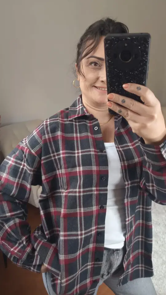 Kalın Dokuma Oversize Ekoseli Gömlek (Kahverengi & Kırmızı)