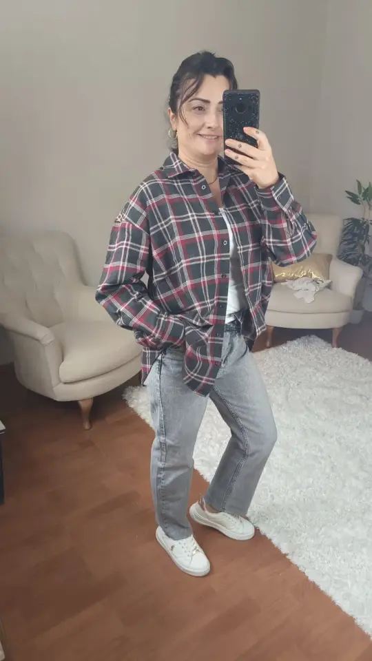 Kalın Dokuma Oversize Ekoseli Gömlek (Kahverengi & Kırmızı)