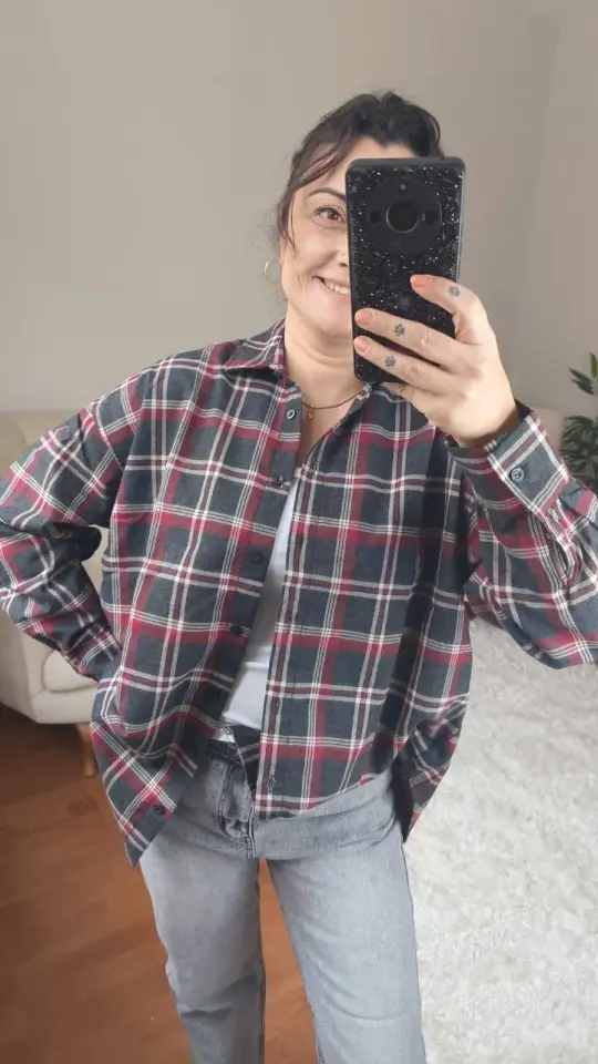 Kalın Dokuma Oversize Ekoseli Gömlek (Kahverengi & Kırmızı)