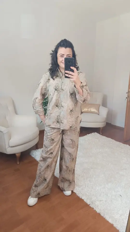 Yaprak Desen İşlemeli Gömlek Pantolon Takım (Bej)