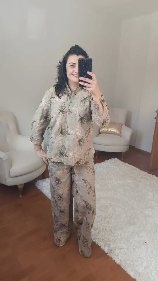 Yaprak Desen İşlemeli Gömlek Pantolon Takım (Bej)