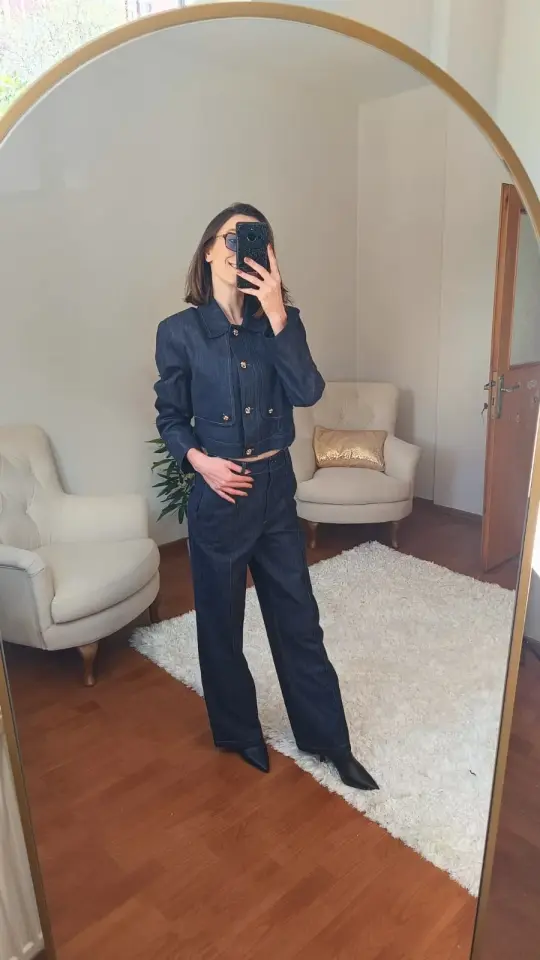 Gold Düğme Detaylı Mavi Jean Takım (Ceket & Pantolon)