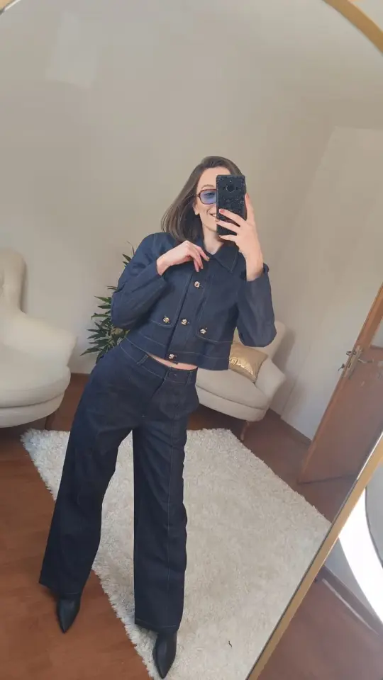 Gold Düğme Detaylı Mavi Jean Takım (Ceket & Pantolon)