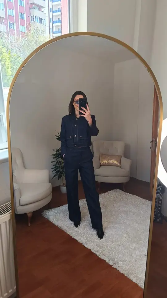 Gold Düğme Detaylı Mavi Jean Takım (Ceket & Pantolon)