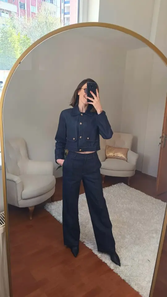 Gold Düğme Detaylı Mavi Jean Takım (Ceket & Pantolon)