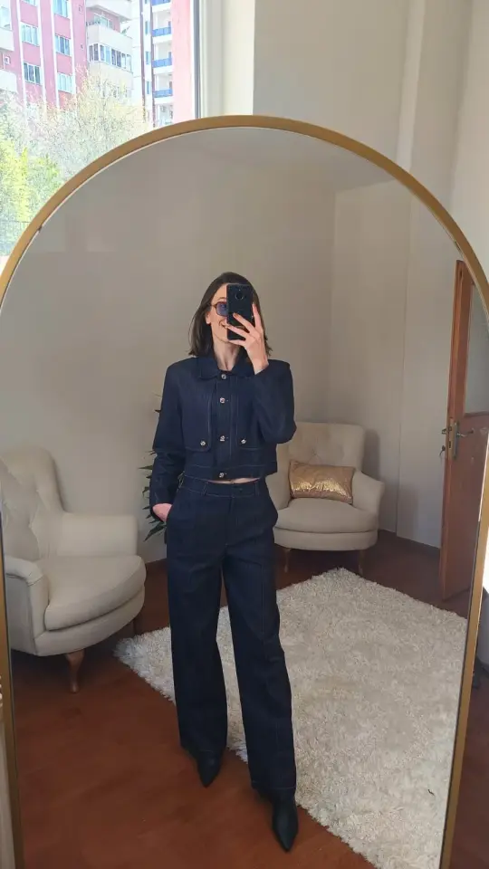 Gold Düğme Detaylı Mavi Jean Takım (Ceket & Pantolon)