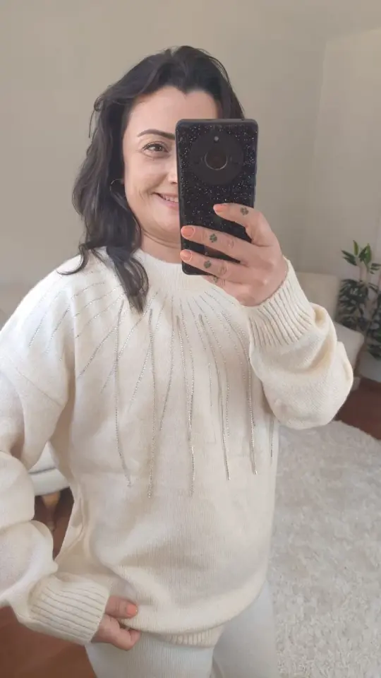 Işıltılı Taş Detaylı Oversize Triko Kazak