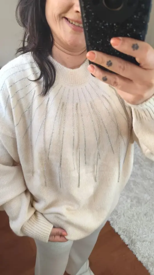 Işıltılı Taş Detaylı Oversize Triko Kazak