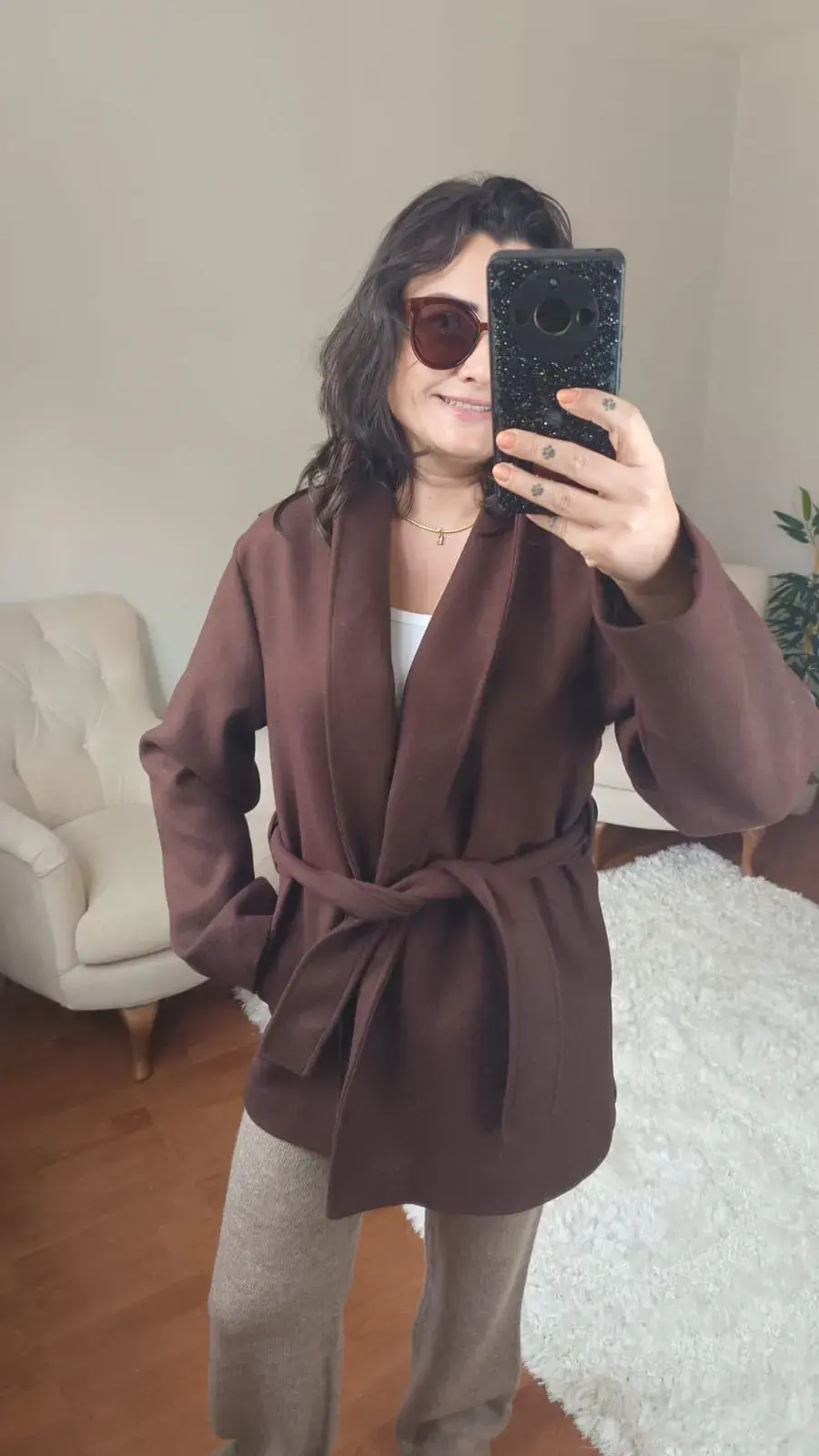 Beli Kuşaklı Kahverengi Kaşe Kaban