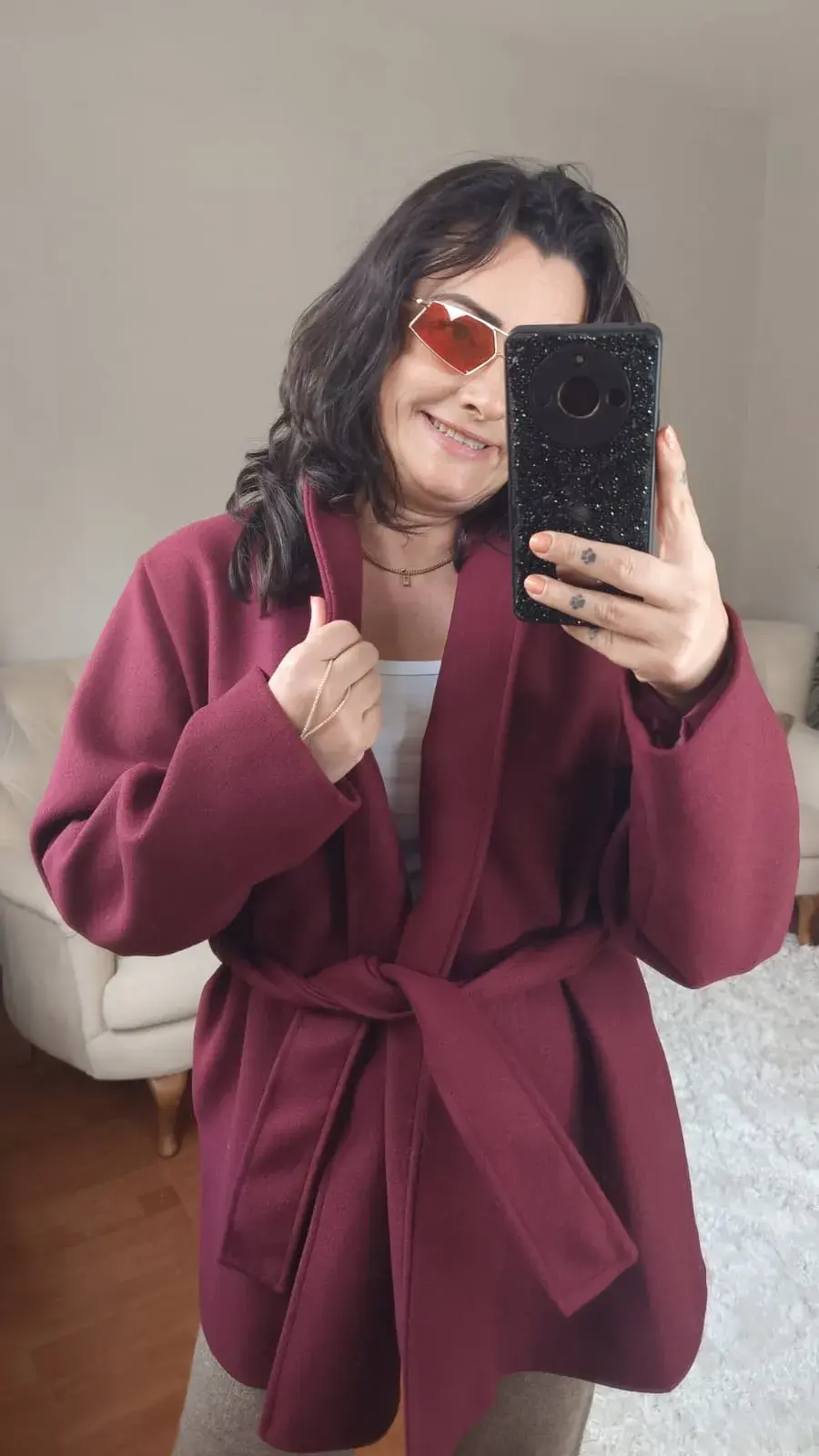 Beli Kuşaklı Bordo Kaşe Kaban