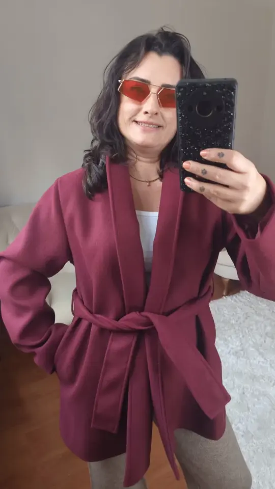 Beli Kuşaklı Bordo Kaşe Kaban