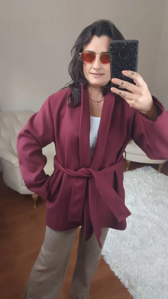 Beli Kuşaklı Bordo Kaşe Kaban