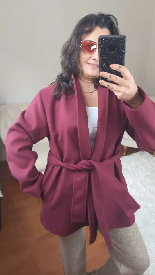 Beli Kuşaklı Bordo Kaşe Kaban