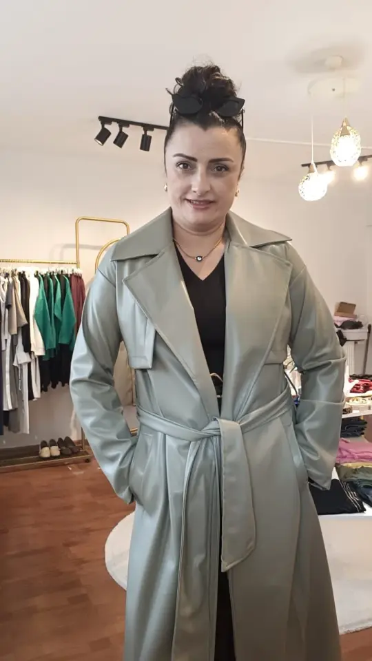 İçi Polarlı Yeşil Deri Trençkot