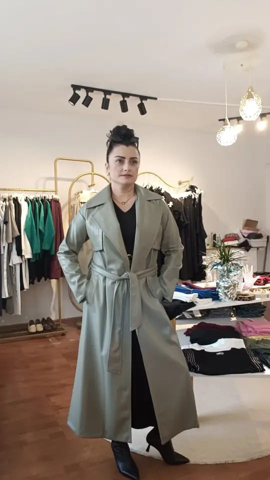 İçi Polarlı Yeşil Deri Trençkot