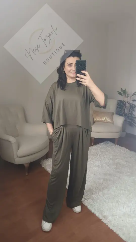 Pile Detaylı Bol Kesim Haki Eşofman Takım