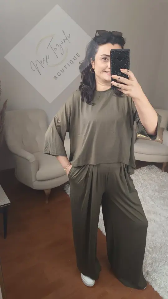 Pile Detaylı Bol Kesim Haki Eşofman Takım