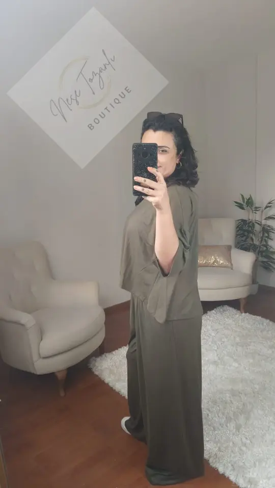 Pile Detaylı Bol Kesim Haki Eşofman Takım