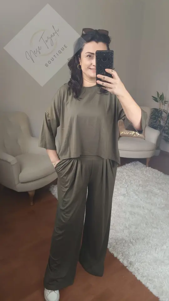 Pile Detaylı Bol Kesim Haki Eşofman Takım