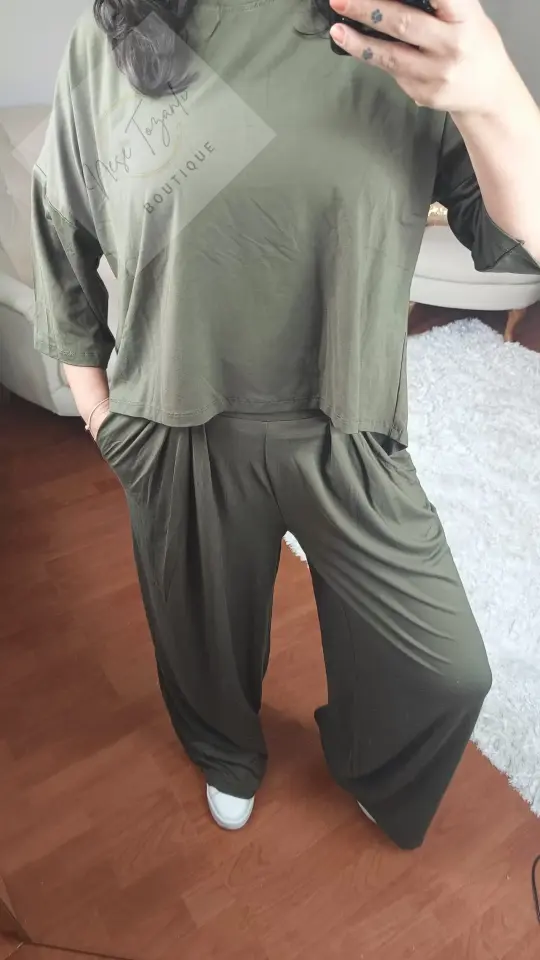 Pile Detaylı Bol Kesim Haki Eşofman Takım