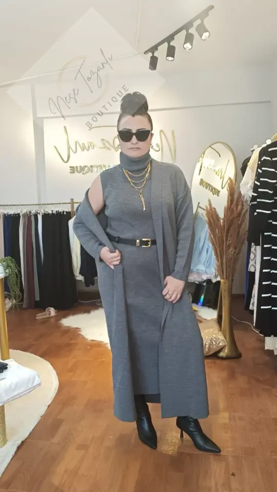 Hırka & Elbise İkili Triko Takım (Gri)