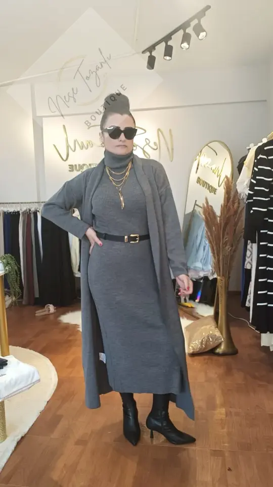 Hırka & Elbise İkili Triko Takım (Gri)