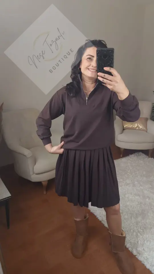 Fermuarlı Yaka Pileli Etekli Spor Takım (Kahverengi)