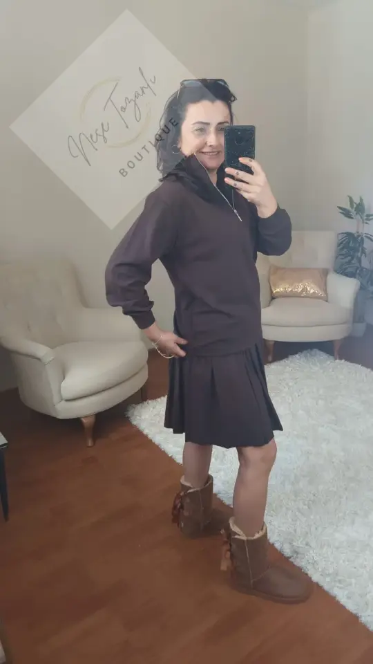 Fermuarlı Yaka Pileli Etekli Spor Takım (Kahverengi)