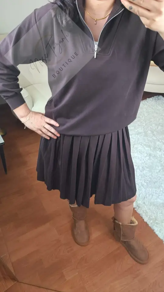 Fermuarlı Yaka Pileli Etekli Spor Takım (Kahverengi)