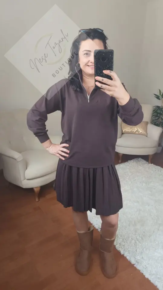 Fermuarlı Yaka Pileli Etekli Spor Takım (Kahverengi)