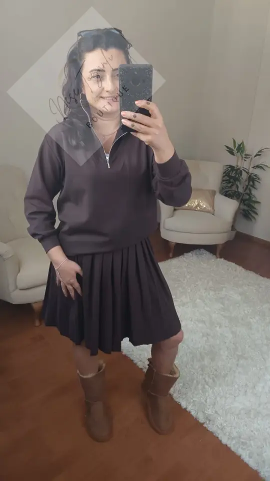 Fermuarlı Yaka Pileli Etekli Spor Takım (Kahverengi)