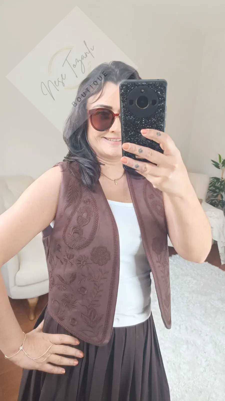 Bohem Nakış İşlemeli Süet Yelek (Kahverengi)