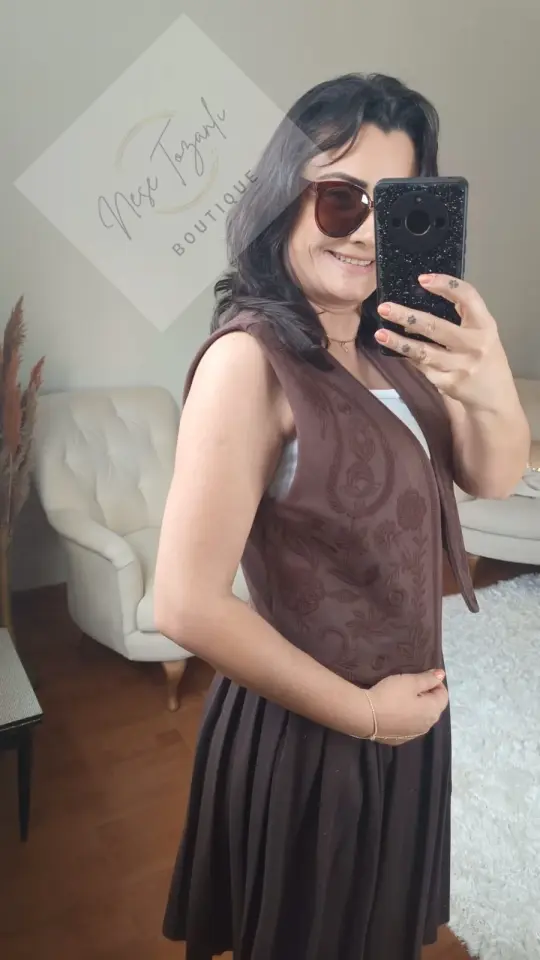 Bohem Nakış İşlemeli Süet Yelek (Kahverengi)