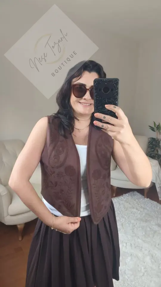 Bohem Nakış İşlemeli Süet Yelek (Kahverengi)