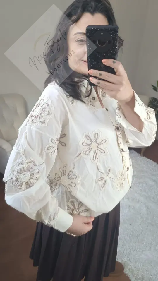 Bohem Çiçek Nakışlı Oversize Gömlek (Krem Rengi)
