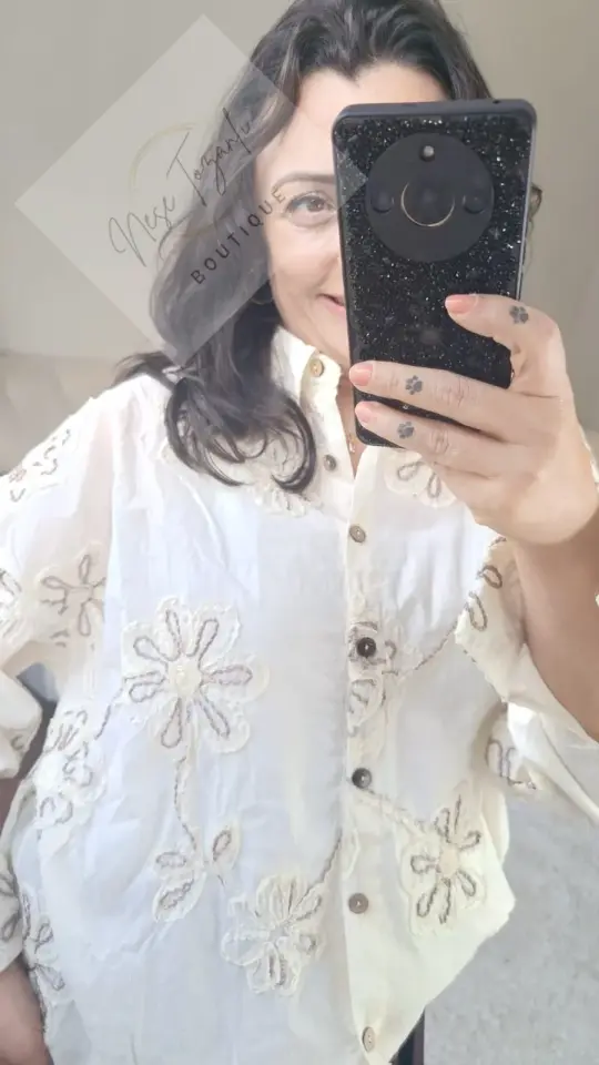 Bohem Çiçek Nakışlı Oversize Gömlek (Krem Rengi)
