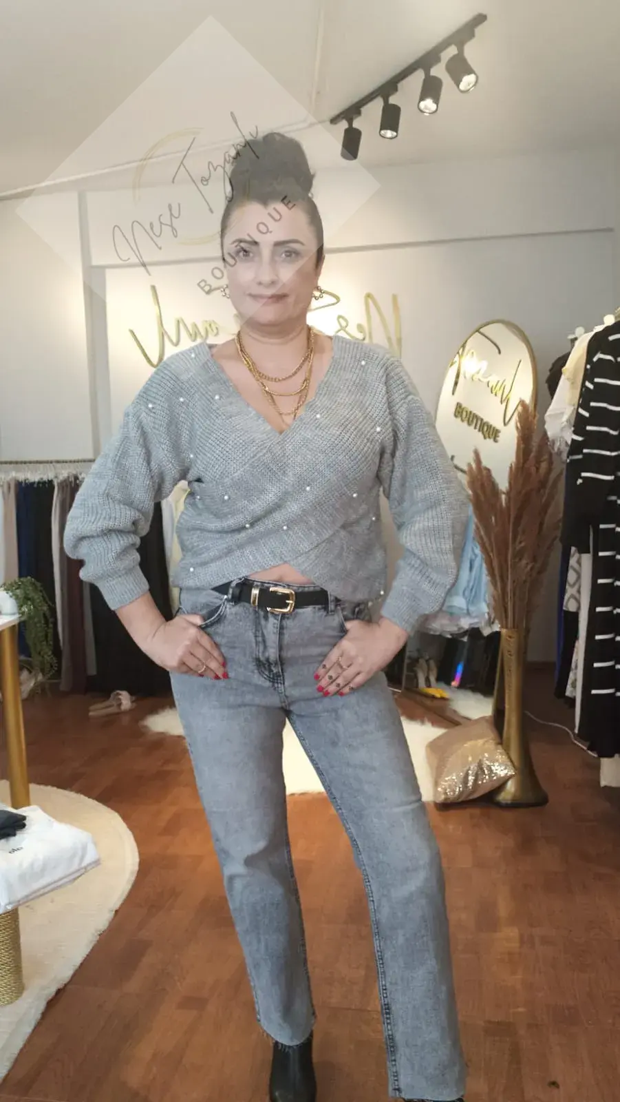 Yüksek Bel Esnek Gri Mom Jeans