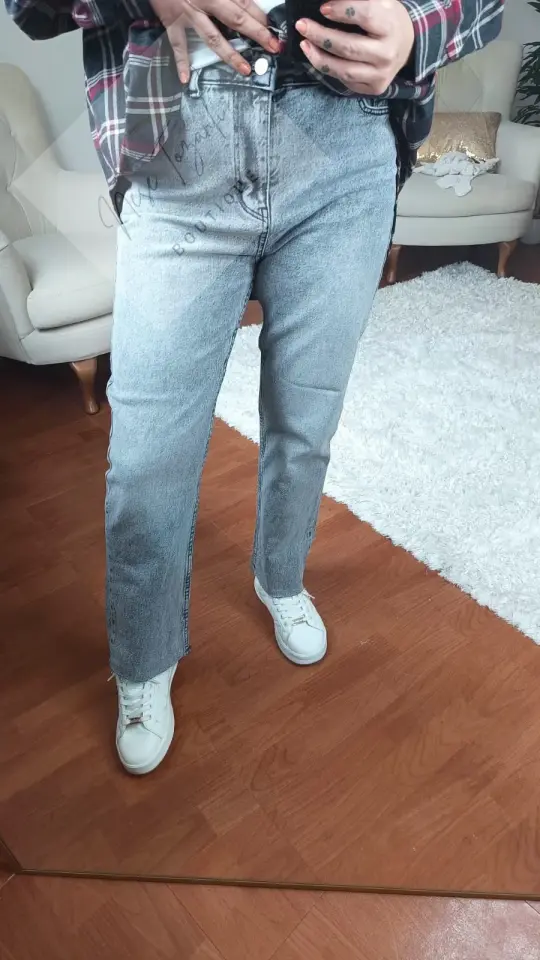 Yüksek Bel Esnek Gri Mom Jeans