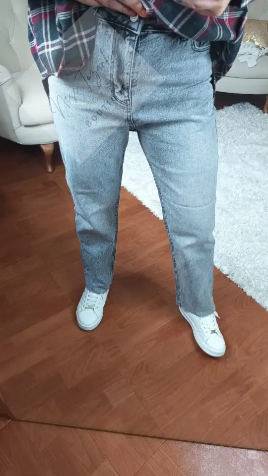 Yüksek Bel Esnek Gri Mom Jeans